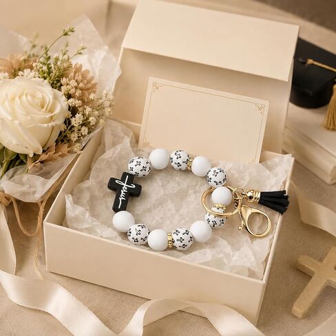 Christian Cross Wristlet Keychain for Women, Silicone Beaded Key Ring Bracelet, Faith Inspired Christian Gift, Back to School Gift for Teachers, Wristlet Keychain for Moms Friends in Saudi Arabia