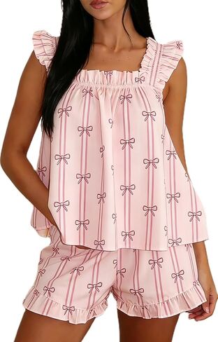 Yiulangde Women's Ruffle Pjs Short Set Cute Babydoll Tank Top Pajama Outfits 2 Piece Pj Sets Sexy Pajamas Shorts Sleepwear in Kuwait