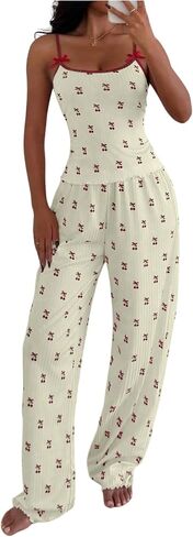 OYOANGLE Women's Cherry Pajamas 2 Piece Ribbed Cami Top and Pants Y2K Lounge Set Cute Pj Sets Sleepwear in Saudi Arabia