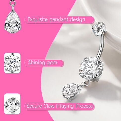 Dangle Belly Button Rings G23 Titanium Belly Ring 14G Internally Threaded Dangly Belly Button Piercing Teardrop CZ Navel Rings for Women 8-14mm in Kuwait