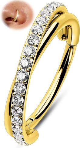 Melighting 20G Gold Double Gem Nose Ring Stainless Steel 316L, 6/8 mm Hinged Segment Nose Piercing Jewelry with CZ, Lobe Helix Earring for Women Comfortable Fit in Kuwait