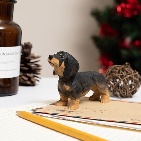 Small Wooden Dachshund Figurine – Hand-Carved Wiener Dog Statue, Rustic Dog Ornament for Shelf, Desk, Hanging Decor or Memorial Keepsake, Gift Box Included (Black) in Saudi Arabia