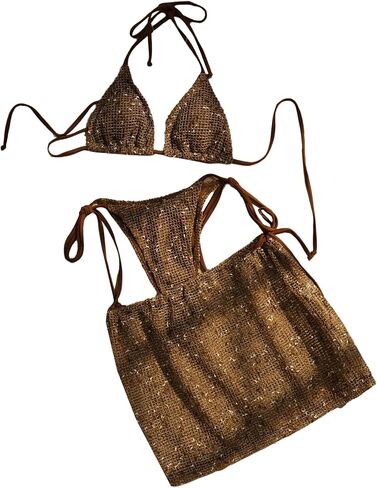 BEAUDRM Women's 3 Piece Swimsuits Sequin Crochet Halter Bikini Set with Beach Cover Up Skirt in Kuwait