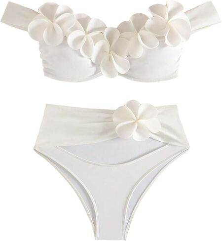 SHENHE Women's 2 Piece Swimsuits 3D Flower Cut Out Off Shoulder Bikini Set Bathing Suits in Kuwait