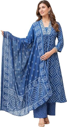 Cotton Anarkali Indian Kurti For Women Summer Dress Kurta Pant With Dupatta Set in Saudi Arabia
