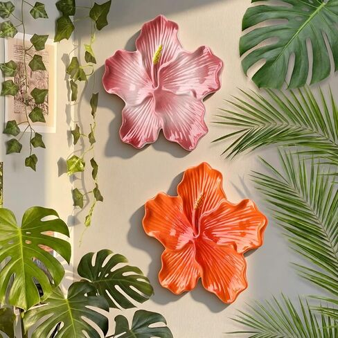 Maysing 2 Pcs Ceramic Flower 3D Wall Art Hibiscus Wall Hanging Sculpture Hawaiian Rustic Tropical Flower Walls Decor Modern Arts Gifts for Living Room Home Office 7.87 Inch in Saudi Arabia
