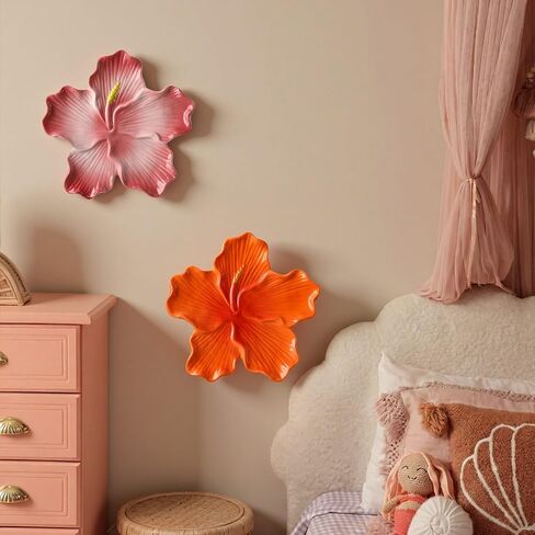 Maysing 2 Pcs Ceramic Flower 3D Wall Art Hibiscus Wall Hanging Sculpture Hawaiian Rustic Tropical Flower Walls Decor Modern Arts Gifts for Living Room Home Office 7.87 Inch in Saudi Arabia