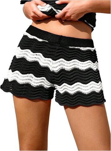 SOLY HUX Women's Striped Crochet Shorts Color Block Elastic Waist Scallop Summer Vacation Beach Shorts in Saudi Arabia