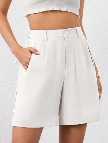 Eddoyee High Waisted Bermuda Wide Leg Tailored Shorts for Women Dressy Casual Office Business Work with Pockets White in Saudi Arabia
