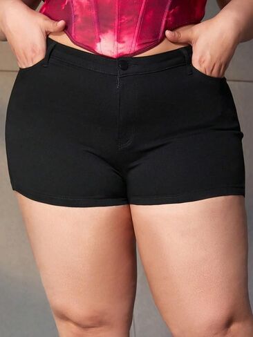 Women's Plus Size High Waisted Denim Shorts Stretchy Curvy Fit Jean Shorts with Pockets Casual Summer Hot Pants Black in Kuwait