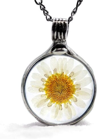Daisy Necklace for Women, Real Pressed Flowers in Glass Pendant, Handmade Wildflower Jewelry, Artisan Hand Crafted in Louisiana (24gm) in Saudi Arabia