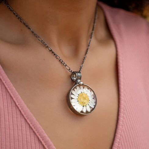 Daisy Necklace for Women, Real Pressed Flowers in Glass Pendant, Handmade Wildflower Jewelry, Artisan Hand Crafted in Louisiana (24gm) in Saudi Arabia