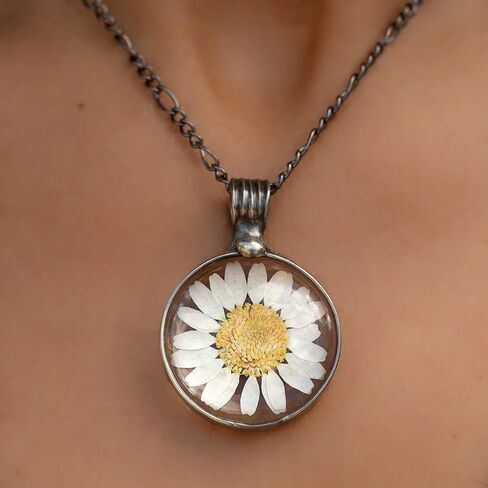 Daisy Necklace for Women, Real Pressed Flowers in Glass Pendant, Handmade Wildflower Jewelry, Artisan Hand Crafted in Louisiana (24gm) in Saudi Arabia