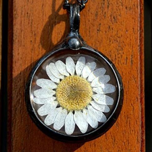 Daisy Necklace for Women, Real Pressed Flowers in Glass Pendant, Handmade Wildflower Jewelry, Artisan Hand Crafted in Louisiana (24gm) in Saudi Arabia