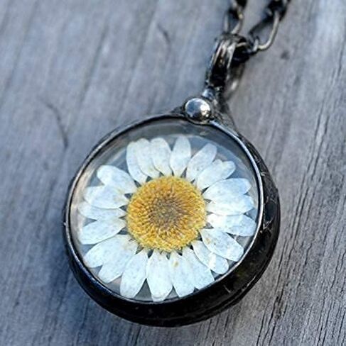 Daisy Necklace for Women, Real Pressed Flowers in Glass Pendant, Handmade Wildflower Jewelry, Artisan Hand Crafted in Louisiana (24gm) in Saudi Arabia