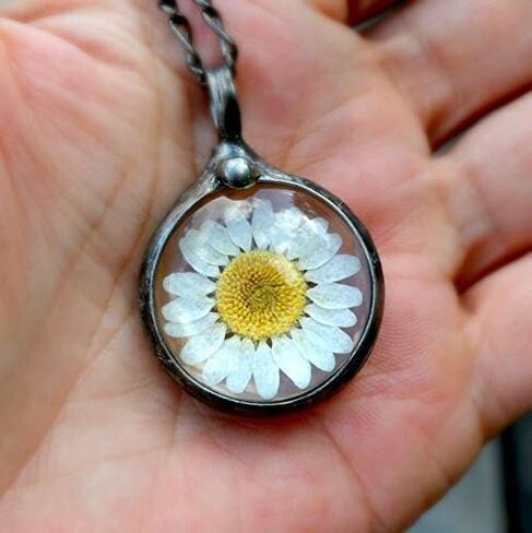 Daisy Necklace for Women, Real Pressed Flowers in Glass Pendant, Handmade Wildflower Jewelry, Artisan Hand Crafted in Louisiana (24gm) in Saudi Arabia