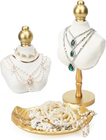 Starry 2Pcs Velvet Necklace Display Stand and 1Pcs leaf-shaped tray Vintage Jewelry Necklace Bust Holder Elegant White Jewelry Mannequin Display Decor for Women Home Selling Trade Shows in Saudi Arabia
