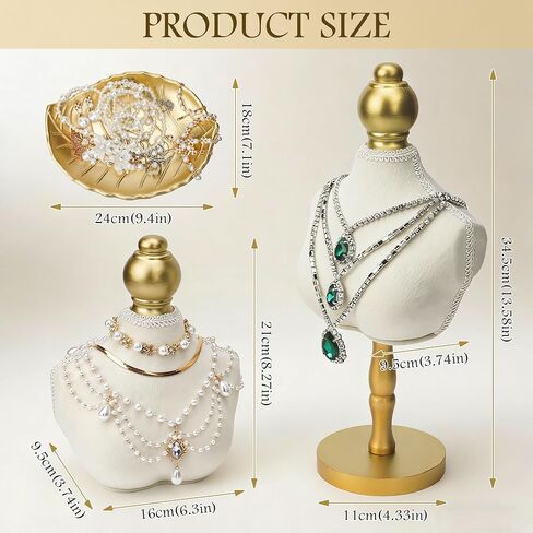 Starry 2Pcs Velvet Necklace Display Stand and 1Pcs leaf-shaped tray Vintage Jewelry Necklace Bust Holder Elegant White Jewelry Mannequin Display Decor for Women Home Selling Trade Shows in Saudi Arabia