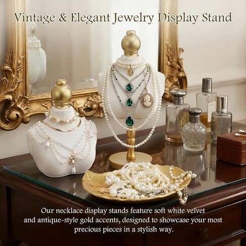 Starry 2Pcs Velvet Necklace Display Stand and 1Pcs leaf-shaped tray Vintage Jewelry Necklace Bust Holder Elegant White Jewelry Mannequin Display Decor for Women Home Selling Trade Shows in Saudi Arabia