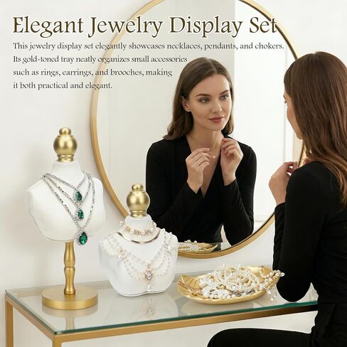 Starry 2Pcs Velvet Necklace Display Stand and 1Pcs leaf-shaped tray Vintage Jewelry Necklace Bust Holder Elegant White Jewelry Mannequin Display Decor for Women Home Selling Trade Shows in Saudi Arabia