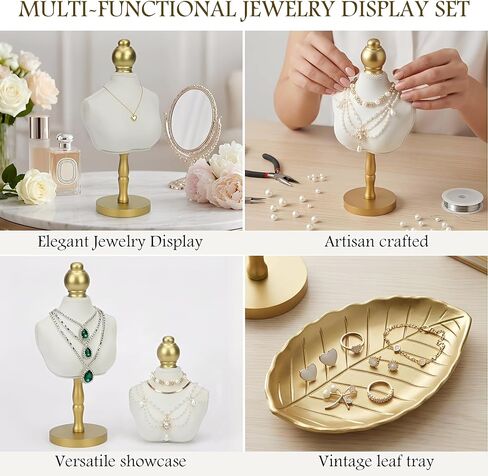 Starry 2Pcs Velvet Necklace Display Stand and 1Pcs leaf-shaped tray Vintage Jewelry Necklace Bust Holder Elegant White Jewelry Mannequin Display Decor for Women Home Selling Trade Shows in Saudi Arabia