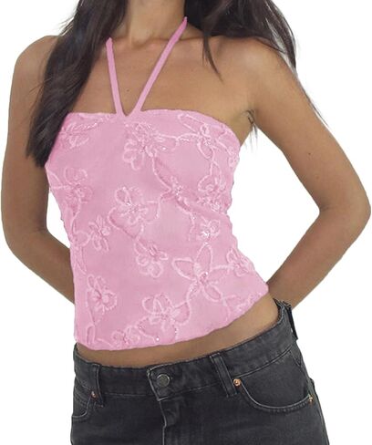 Women Sequin Floral Halter Tank Tops Slim Fit Backless Tie Up Sleeveless Crop Vest in Saudi Arabia