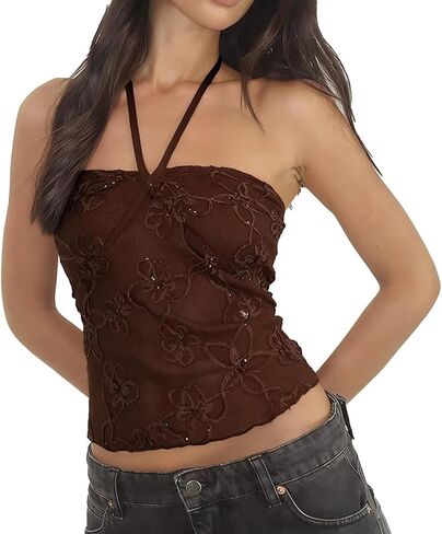 Women Sequin Floral Halter Tank Tops Slim Fit Backless Tie Up Sleeveless Crop Vest in Kuwait
