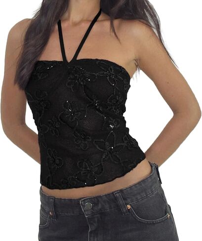 Women Sequin Floral Halter Tank Tops Slim Fit Backless Tie Up Sleeveless Crop Vest in Kuwait