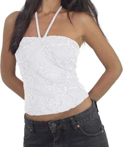 Women Sequin Floral Halter Tank Tops Slim Fit Backless Tie Up Sleeveless Crop Vest in Kuwait