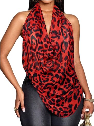 OYOANGLE Women's Leopard Print Cowl Neck Halter Tank Top Cheetah Chiffon Backless Y2K Going Out Tops Party Clubwear in Kuwait