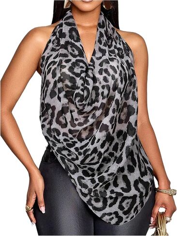 OYOANGLE Women's Leopard Print Cowl Neck Halter Tank Top Cheetah Chiffon Backless Y2K Going Out Tops Party Clubwear in Kuwait
