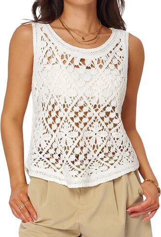 Floral Crochet Tops for Women Trendy Summer Boho Tops Sleeveless Tank Tops Loose Fit Crop Vacation Outfits 2026 in Saudi Arabia