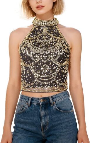 Vijiv Women's Halter High Neck Sequin Beaded Cropped Cami, Elegant Sparkly Sleeveless Party Top for Night Out, Cocktail in Kuwait