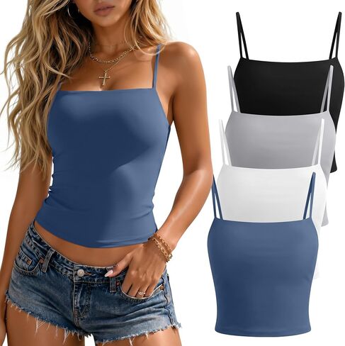4 Pack Women's Double Lined Tank Tops Camisole Spaghetti Strap Tops Slim Fit Cami Undershirts for Summer Layering in Saudi Arabia