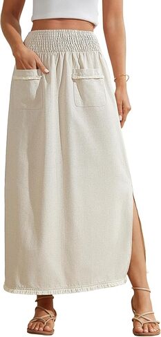 Bsubseach Maxi Skirts for Women Spring 2026 Linen Skirt with Side Slit Elastic Waist Long Ankle-Length Skirts with Pockets Beige S in Kuwait