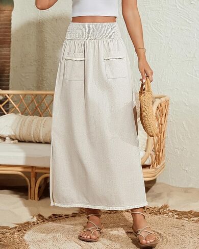 Bsubseach Maxi Skirts for Women Spring 2026 Linen Skirt with Side Slit Elastic Waist Long Ankle-Length Skirts with Pockets Beige S in Kuwait