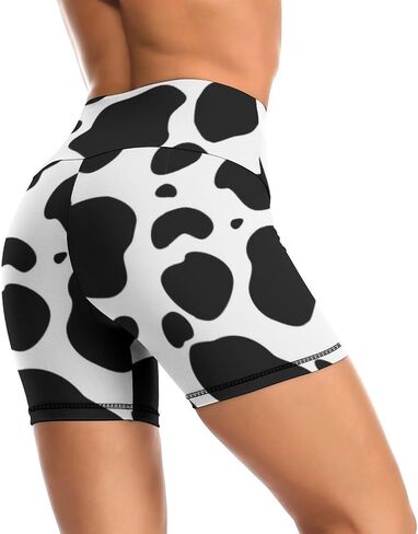 DZUAIKIT Black and White Cows Print Yoga Shorts for Women High Waist Tummy Control Workout Athletic Biker Shorts in Saudi Arabia