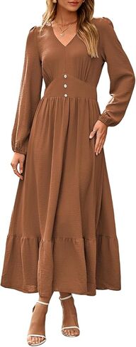 Dokotoo Womens Dresses Fashion 2025 Long Sleeve V Neck Maxi Dresses Elegant Casual Flowy Tiered Boho Beach Vacation Outifits in Saudi Arabia