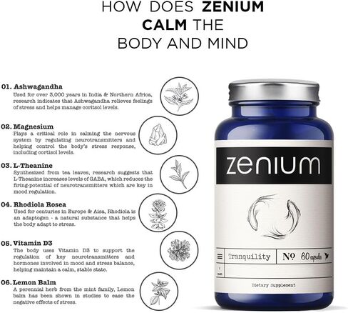 Zenium Stress Relief Supplement Supports Mood & Mental Focus - Feel Calm & Relaxed - Eases Tension & Nervousness - Ashwagandha, Magnesium & L-Theanine - Sarpagandha Inspired - 60 Capsules in Saudi Arabia