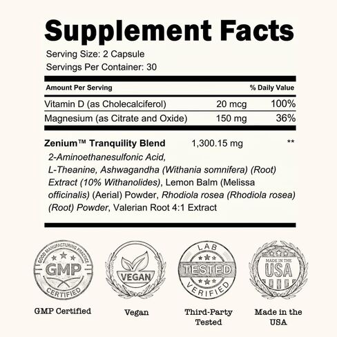 Zenium Stress Relief Supplement Supports Mood & Mental Focus - Feel Calm & Relaxed - Eases Tension & Nervousness - Ashwagandha, Magnesium & L-Theanine - Sarpagandha Inspired - 60 Capsules in Saudi Arabia