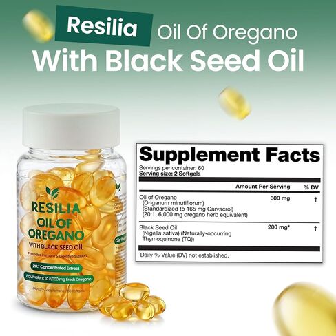 Resilia Black Seed Oil 6000mg Softgels – Organic Oil of Oregano Capsules for Immune & Digestive Support – Non-GMO, Gluten-Free – New Bottle Packaging (60 Count) in Kuwait