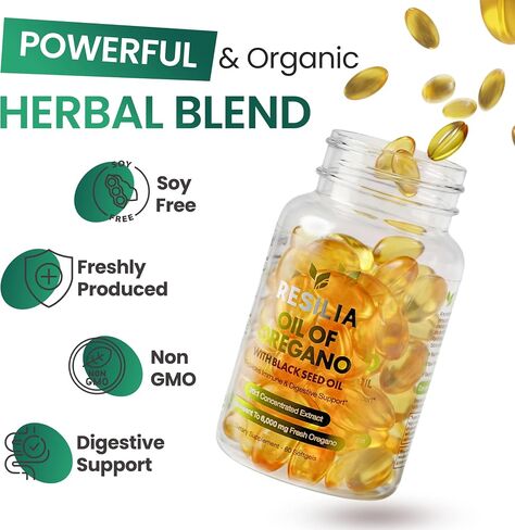 Resilia Black Seed Oil 6000mg Softgels – Organic Oil of Oregano Capsules for Immune & Digestive Support – Non-GMO, Gluten-Free – New Bottle Packaging (60 Count) in Kuwait