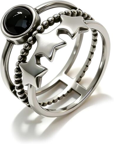 Vintage Stackable Band Star Ring, S925 Sterling Silver, 3 Layer Retro Crystal Gemstone, Boho Gothic Punk Statement Ring for Women in Kuwait