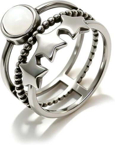 Vintage Stackable Band Star Ring, S925 Sterling Silver, 3 Layer Retro Crystal Gemstone, Boho Gothic Punk Statement Ring for Women in Kuwait