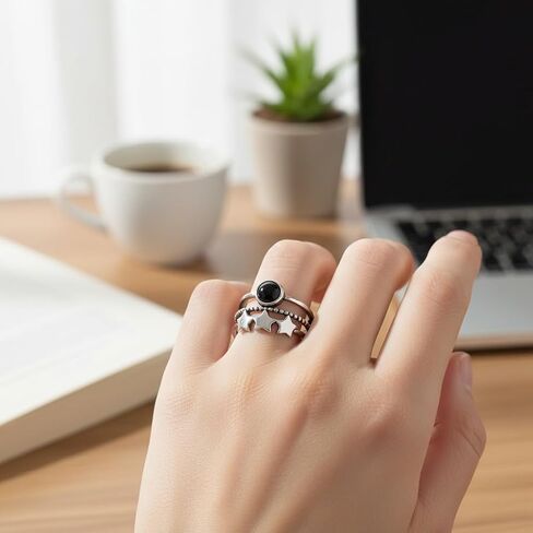 Vintage Stackable Band Star Ring, S925 Sterling Silver, 3 Layer Retro Crystal Gemstone, Boho Gothic Punk Statement Ring for Women in Kuwait