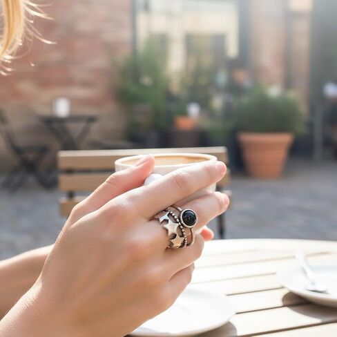 Vintage Stackable Band Star Ring, S925 Sterling Silver, 3 Layer Retro Crystal Gemstone, Boho Gothic Punk Statement Ring for Women in Kuwait