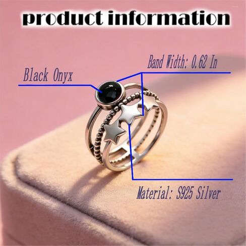 Vintage Stackable Band Star Ring, S925 Sterling Silver, 3 Layer Retro Crystal Gemstone, Boho Gothic Punk Statement Ring for Women in Kuwait