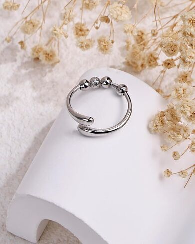 Adjustable Open Ring for Women - Sterling Silver Statement Ring with Textured Bead Design, Stackable Fashion Jewelry, Unique Adjustable Finger Ring in Saudi Arabia