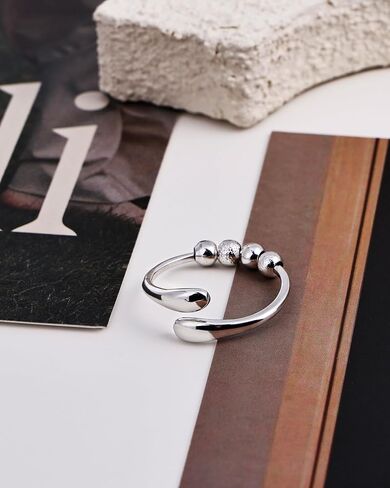Adjustable Open Ring for Women - Sterling Silver Statement Ring with Textured Bead Design, Stackable Fashion Jewelry, Unique Adjustable Finger Ring in Saudi Arabia