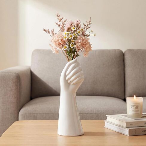White Ceramic Flower Vase Decorative Accent for Living Room, Coffee Table, Shelf & Farmhouse Home Decor in Saudi Arabia